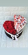 Red Roses & Chocolate Bars in Black Heart Shape Box