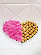 Pink Roses & Ferrero Rocher  in a white Haert Shape Box